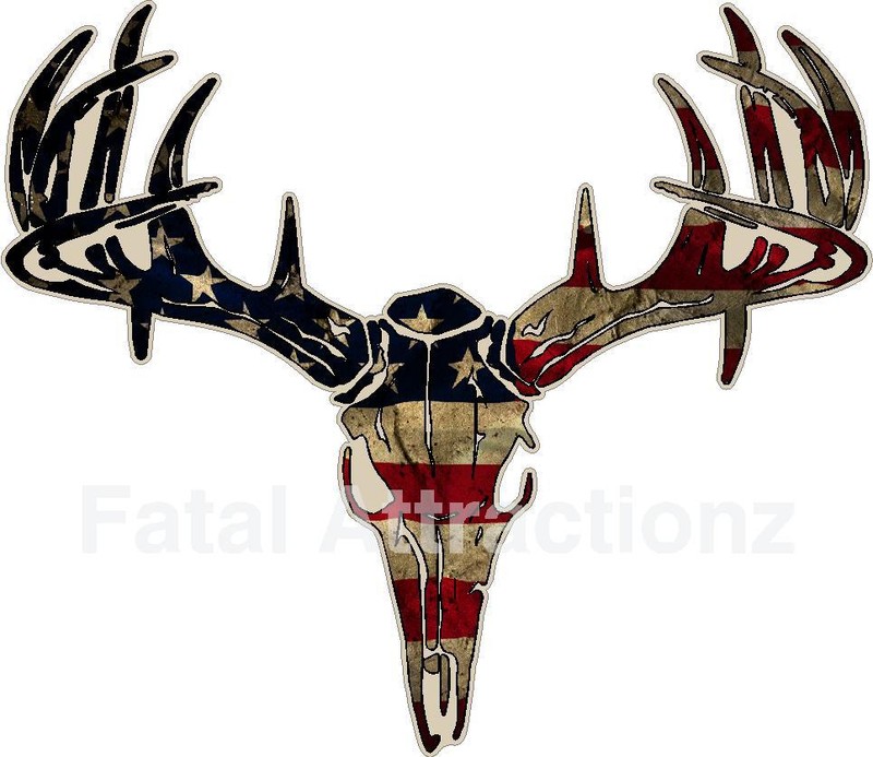 Distressed American Flag Deer Skull S4 Vinyl Sticker Decal Hunting USA Buck