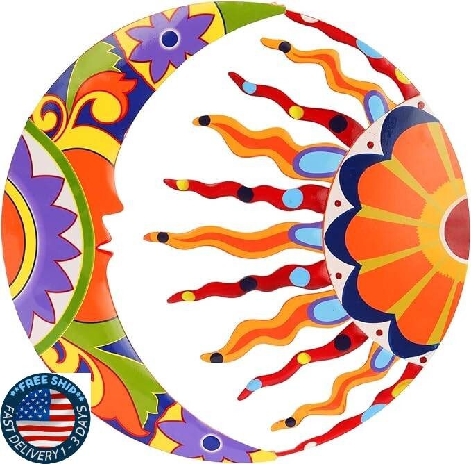 Decoración de arte de pared de sol y luna de metal 16″ colorido talavera. neuvo.