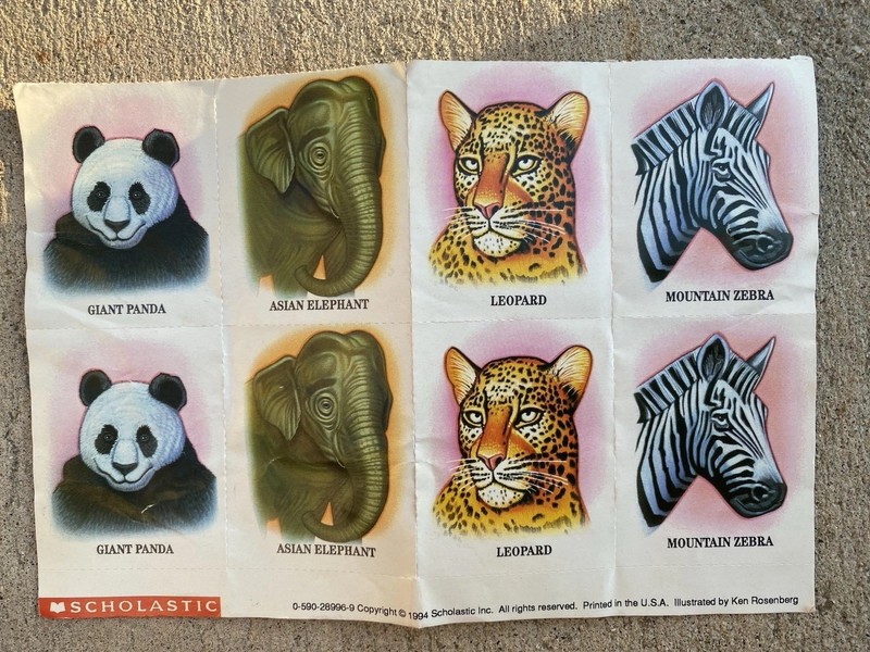 Vintage Scholastic 8 Animal stickers illustrated by Ken Rosenberg circa 1994