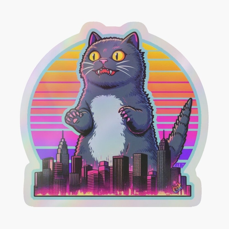 New Wave Catzilla Holographic Sticker by C Autumn Trapp Original Art 3" x 3" gallery