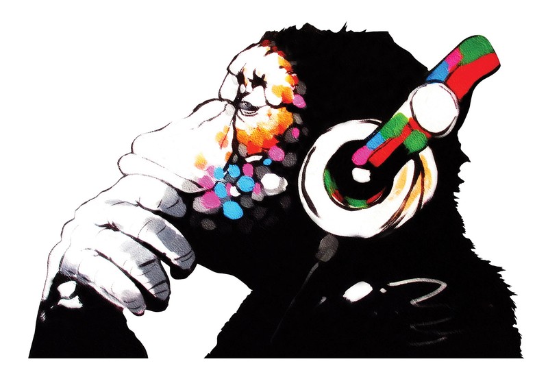 Artist Monkey With Headphones Wall Sticker - Large Bansky Thinking Dj Chimp gallery