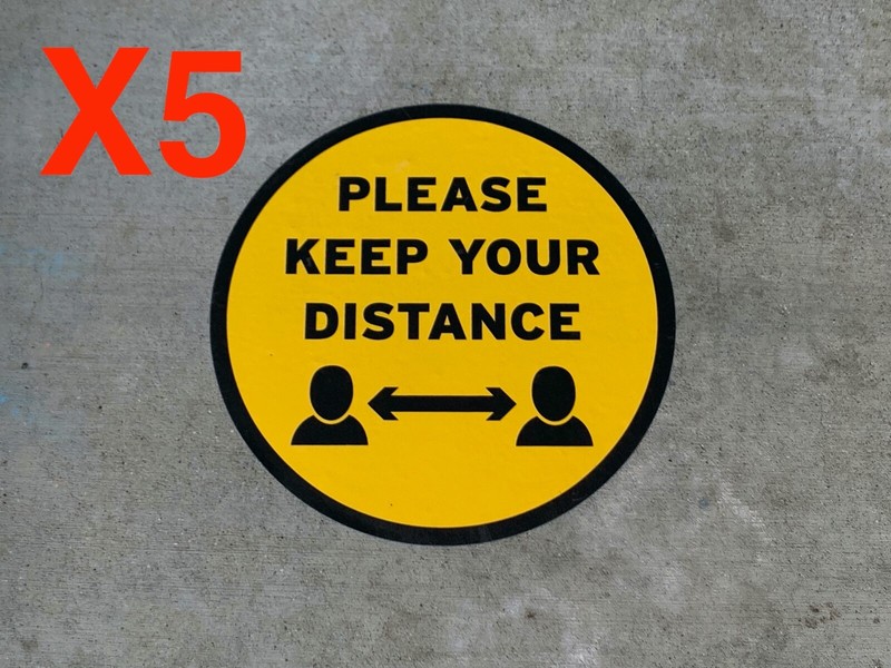 5pc Yellow Please Keep Your Distance Social Distancing Nonslip Floor Sticker 12″