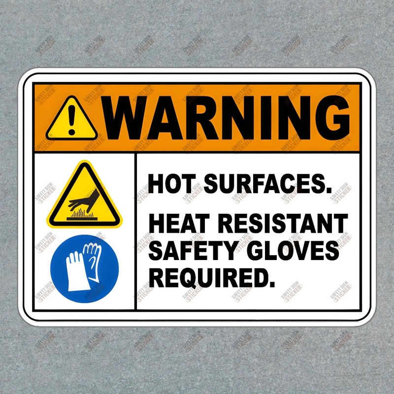 Safety Sign Sticker: WARNING Hot Surfaces, Heat Resistant Gloves #518455