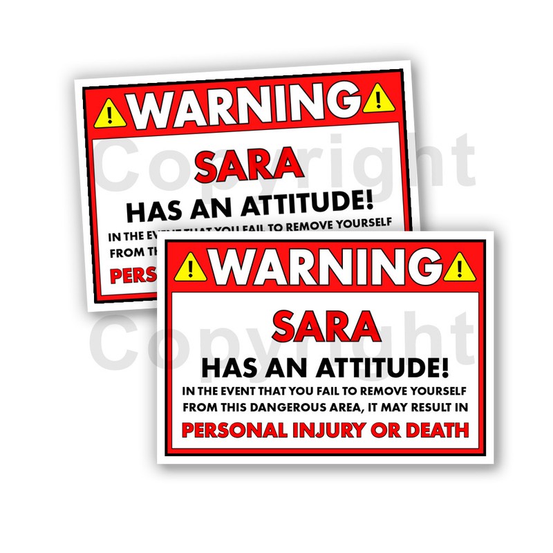 Sara HAS AN ATTITUDE 2 Funny Warning Stickers Orange 2 Decals 5″ wide