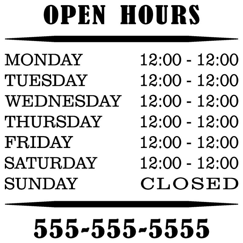 Business Hours Store Hours Vinyl Decal Windows Door Glass Many Colors & Sizes