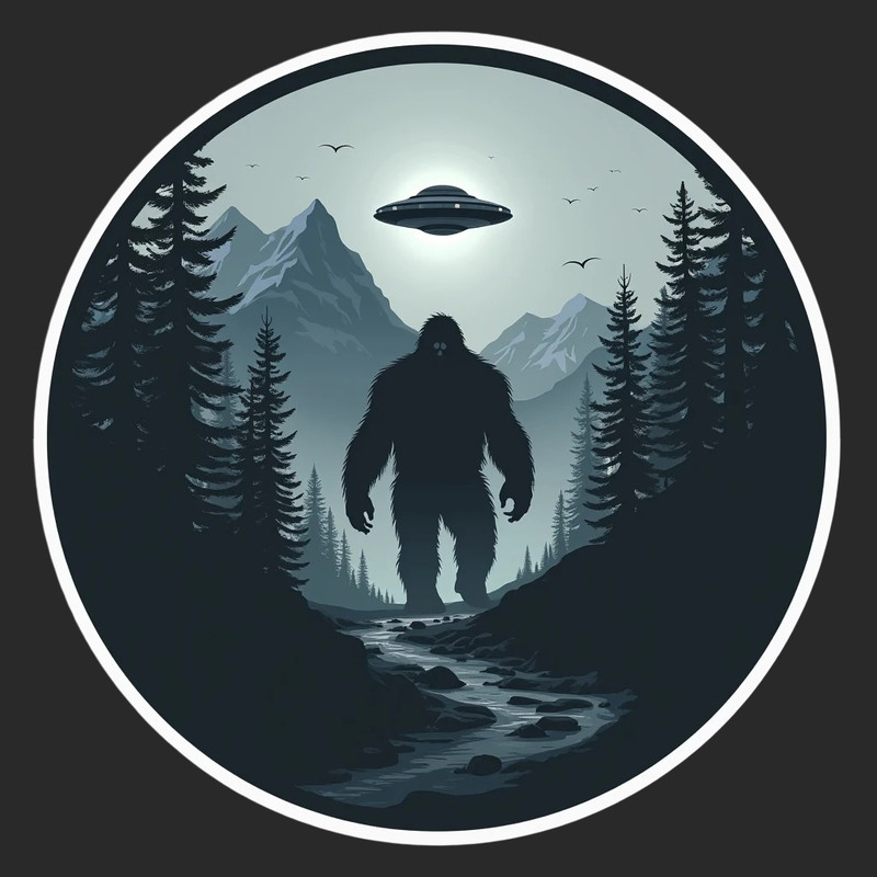 Bigfoot sticker vinyl decal unknown alien ufo cryptid forest path night
