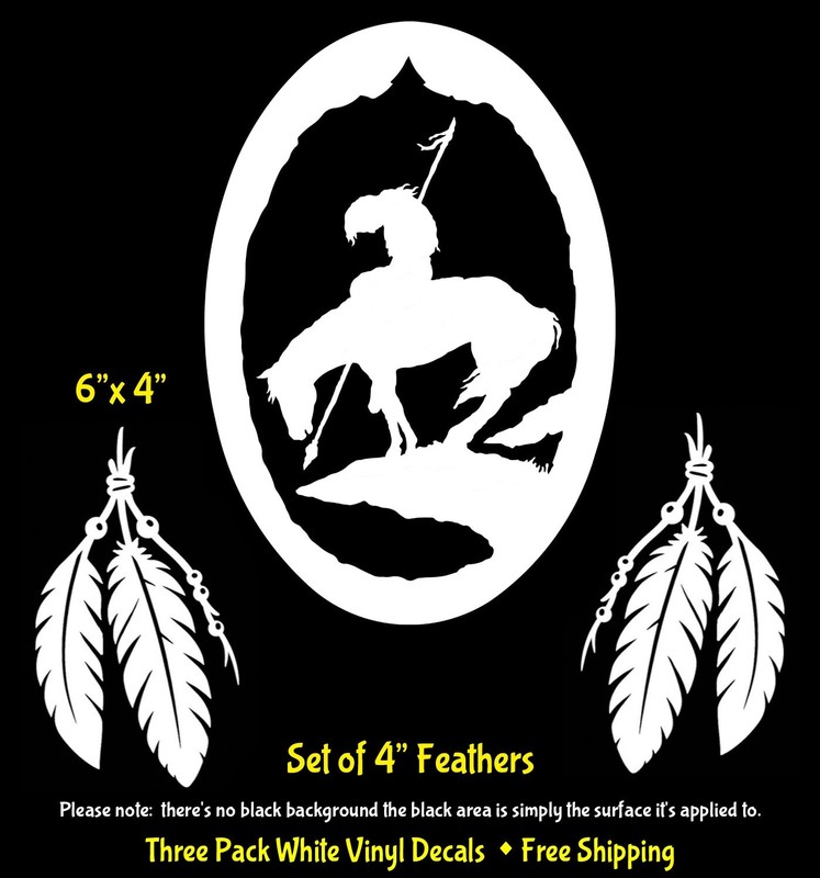 End of the Trail Native American & Two 4″ Feathers White Vinyl Decals Window Car