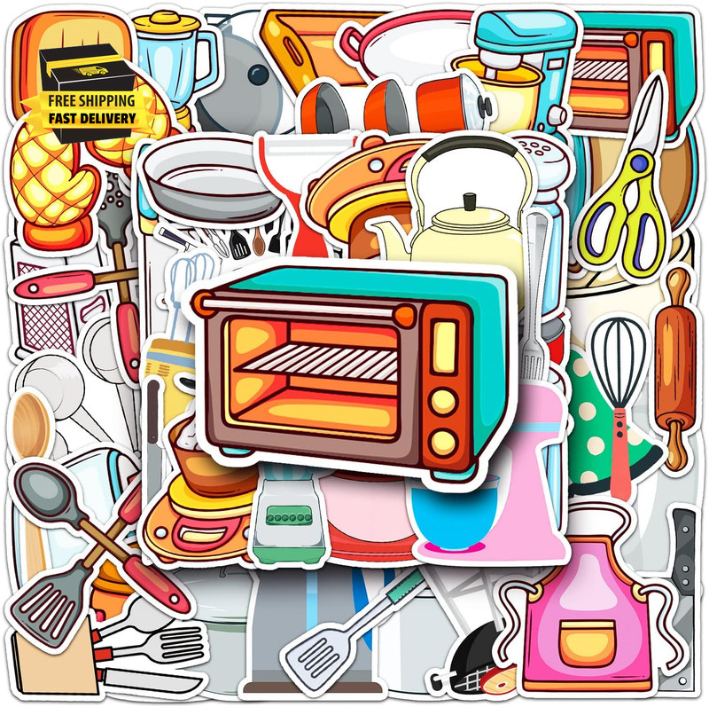 50Pcs Daily Kitchen Utensil Stickers for Water Bottle,Waterproof Viny Stickers f