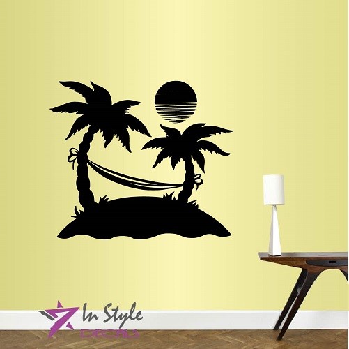 Vinyl Decal Tropical Beach Island Palm Trees Hammock Sun Sunset Wall Decor 1286