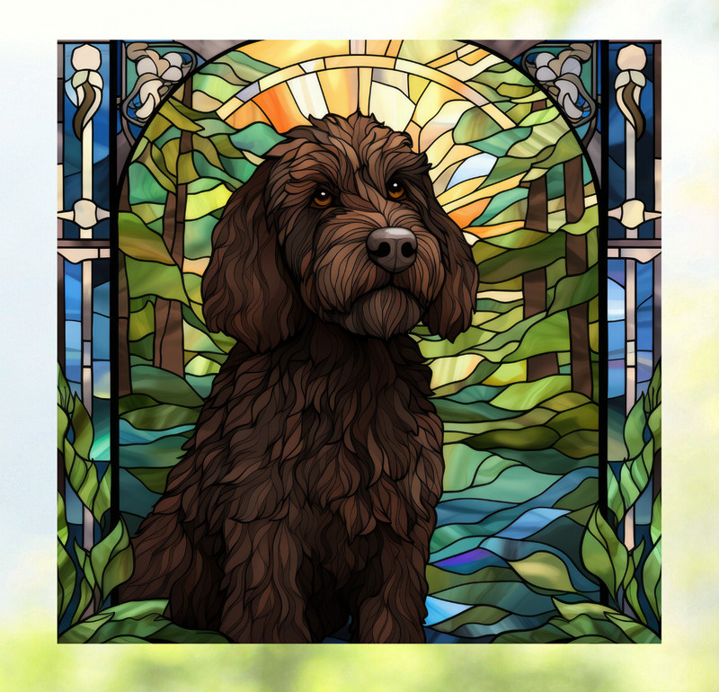 Labradoodle Dog Faux Stained-Glass WINDOW CLING Size 8" Repositionable Vinyl