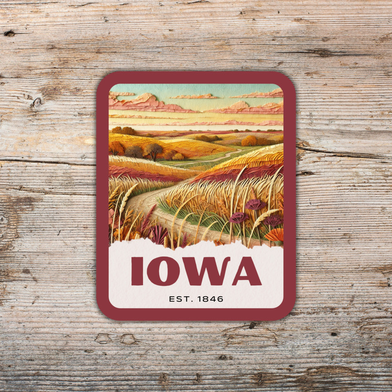 Iowa State Sticker, Paper Collage Look, Scenic Farmland Vinyl Decal