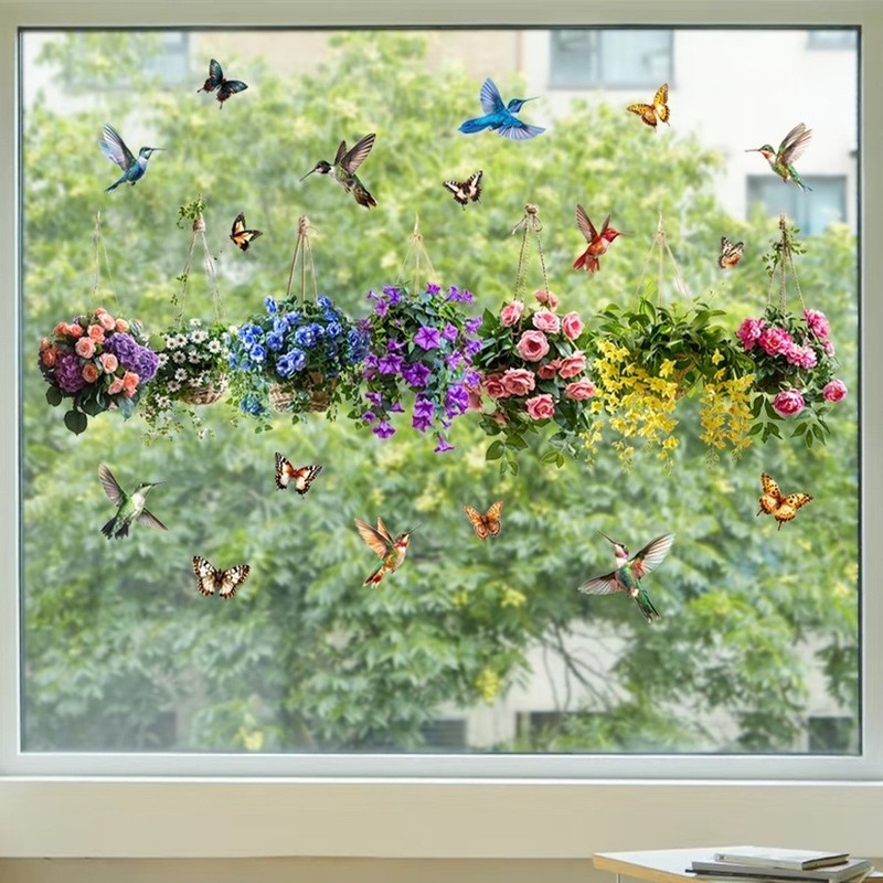 Static Cling Window Decals Floral Basket Birds Butterfly Pattern PVC Sticker gallery