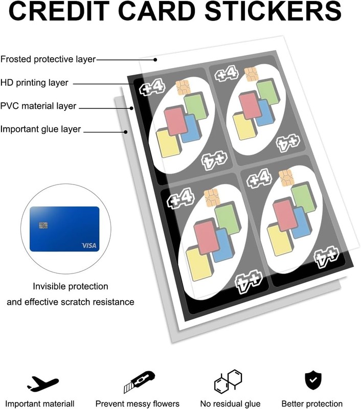 7-Pack UNO Card Credit Card Skin Stickers - Chip Cutout Only - Reverse, Skip, Wi gallery