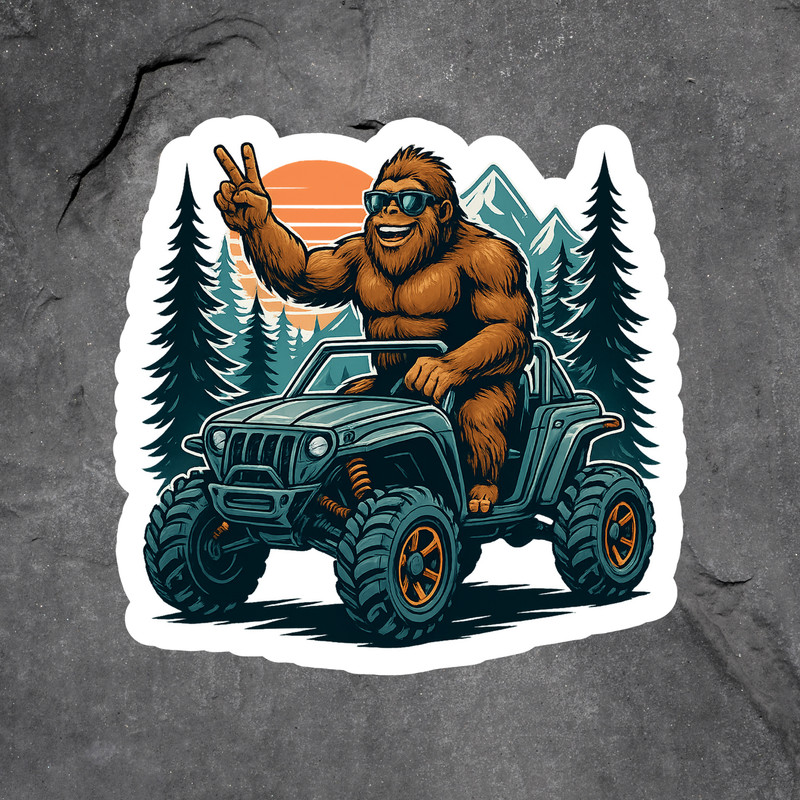 Bigfoot sticker vinyl decal sasquatch jeep forest sunset sunglasses peace