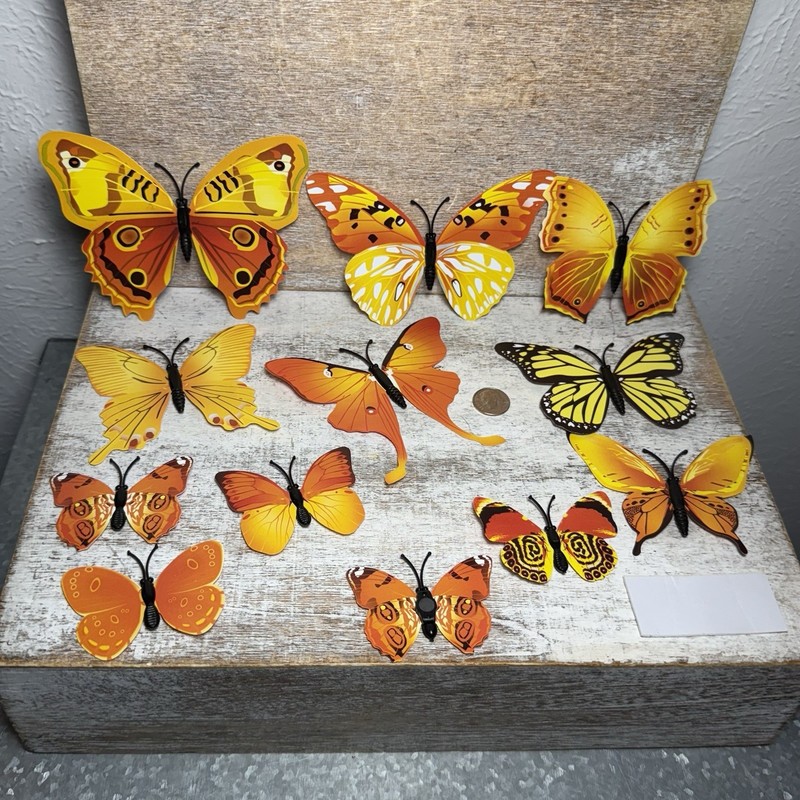 Lot of 12 3D Realistic Butterfly Wall Stickers Different Size, Shapes ORANGE New