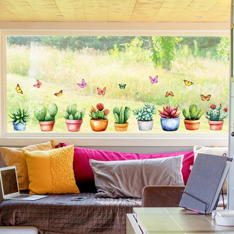 Double Sided PVC Window Sticker with Plant Flower Design for Interior Glass