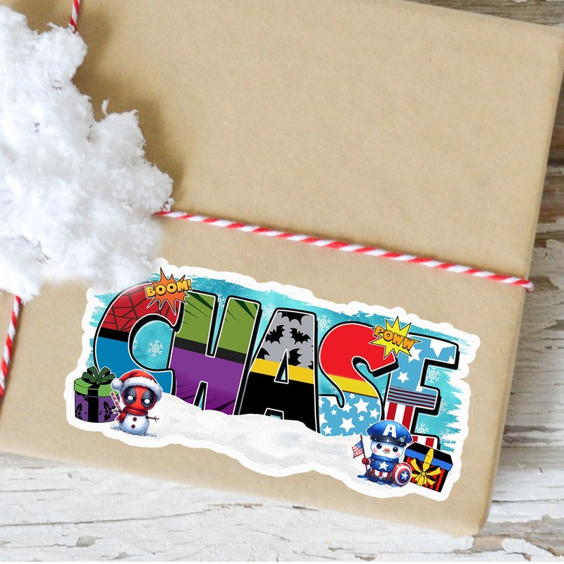 Custom Christmas Name Sticker Comic Style Superhero Letters Gift Tag Vinyl Decal