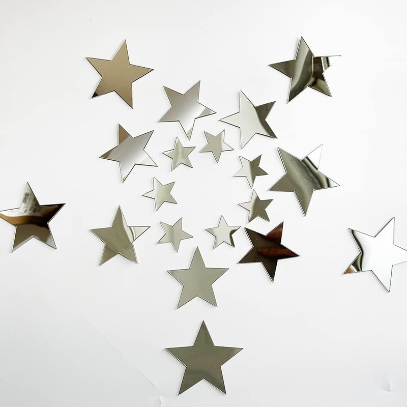 40Pcs Silver Stars Acrylic Mirror Wall Stickers with Adhesive Art Decal Satin Pa