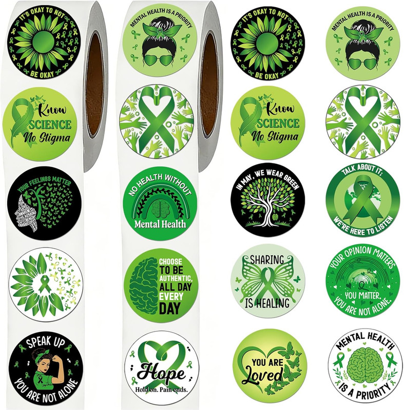 Green Ribbon Stickers – 1000 Pcs round Waterproof Vinyl Decals for Events