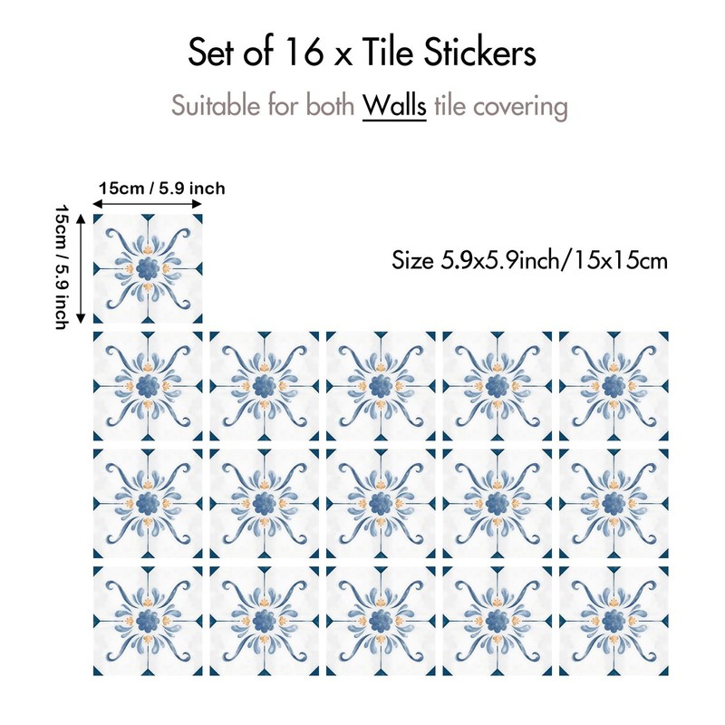 16 Pack, 5.9 Inch Blue and Gold Tile Decals, French Country Watercolor Vinyl ... gallery