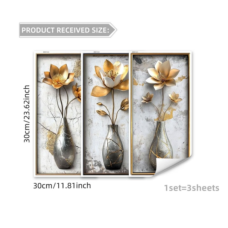 3D Flower Wall Art Stickers Gold Floral Vase Wall Decals Peel and Stick Livin... gallery