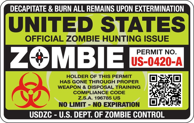 United States ZOMBIE HUNTING Permit – Green – Full Color Decal/Sticker
