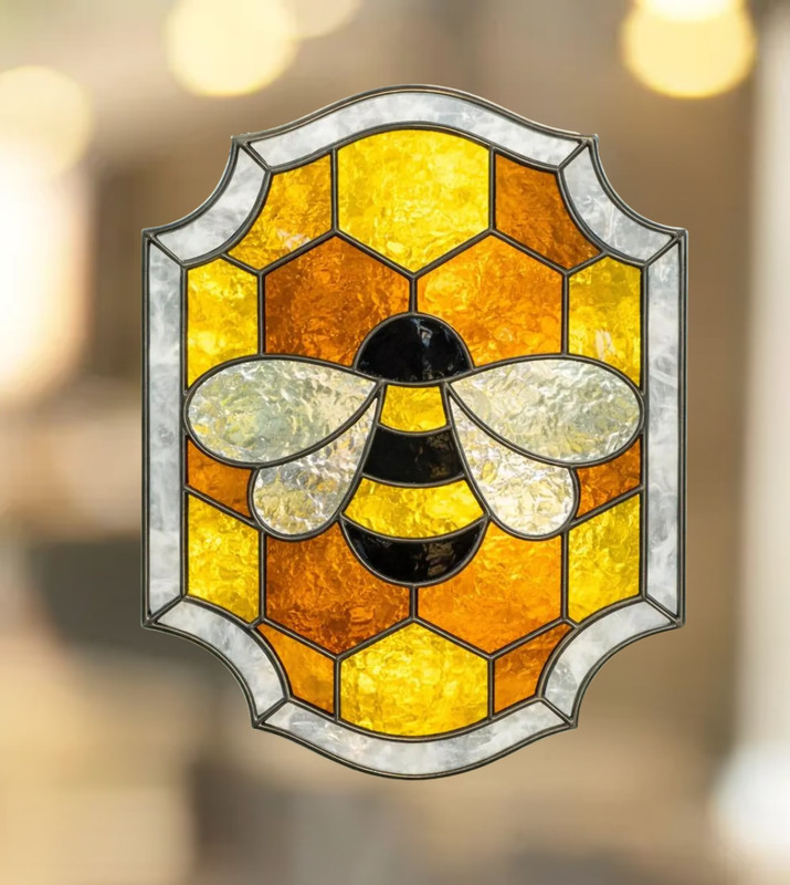 Bee Honeycomb Faux Stained-Glass WINDOW CLING Size 10.2" Vinyl gallery