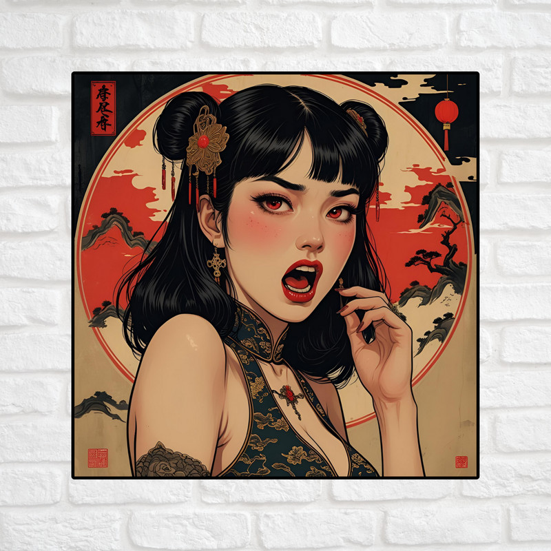 Pinup girl sticker vinyl decal Asian bikini sexy seductive cleavage novelty