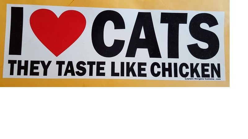 Funny Meat Eater’s- Tastes Like Chicken Bumper Sticker (Not for Cat Lovers!) 022