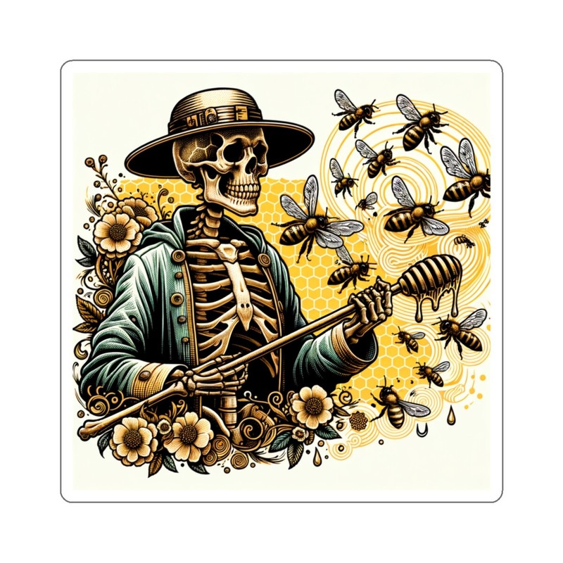 Sticker Vintage Style Pop Art Skeleton Beekeeper Honey Bumble 2×2″ 3×3″ 4×4″ 6×6