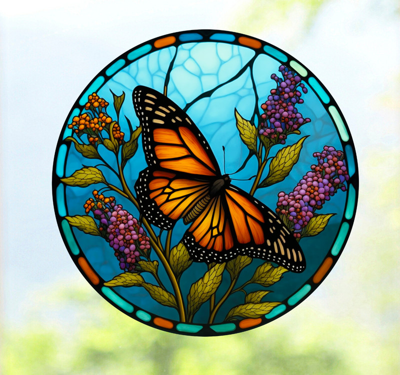 Monarch Butterfly Faux Stained-Glass WINDOW CLING Size 8″ Round Vinyl