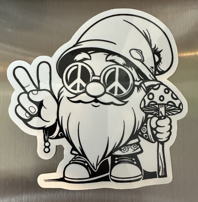 Gnome, Vinyl Die Cut Sticker. Peace sign, mushroom staff, black & white 4" x 4" gallery