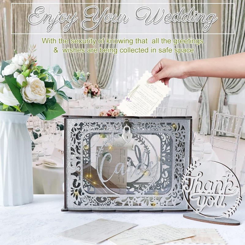 Wedding Card Box Silver Wooden Acrylic Light Lock Durable Elegant Decor gallery