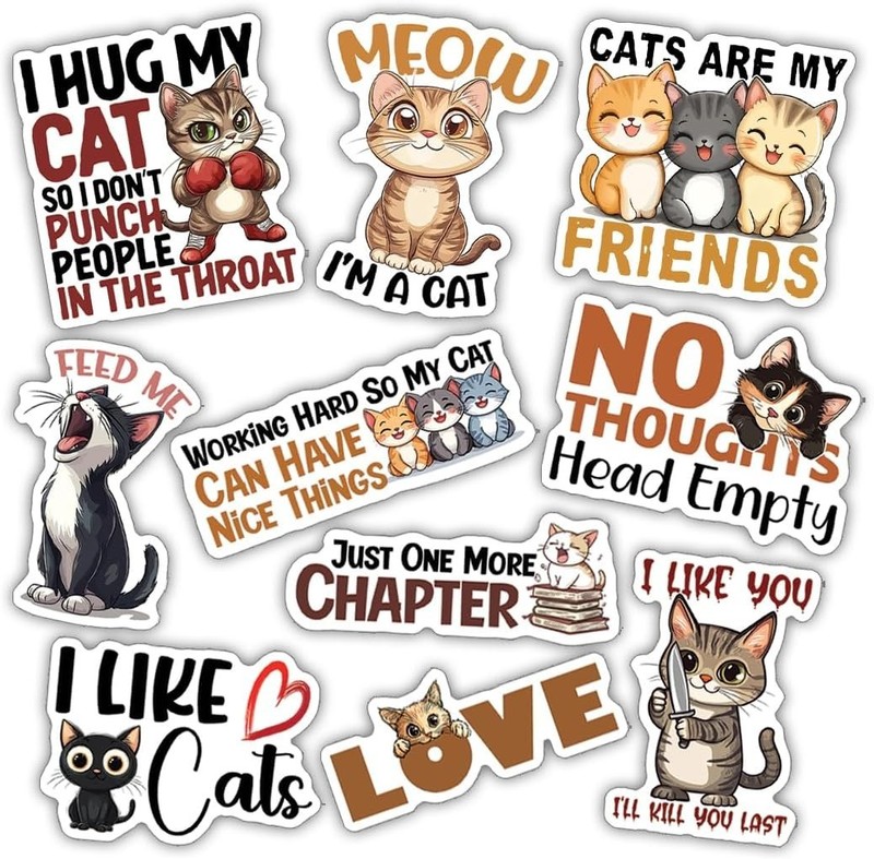 10pcs Funny Cat Sticker, Cute Cat Quotes, Humor Cat, Sassy Cat Lover Gift