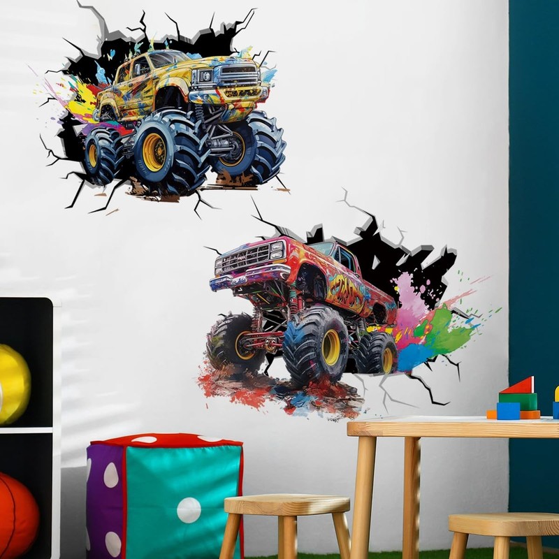 Large Monster Truck Wall Decals for Boys Room 3D Racing Car Wall Sticker Bedr…