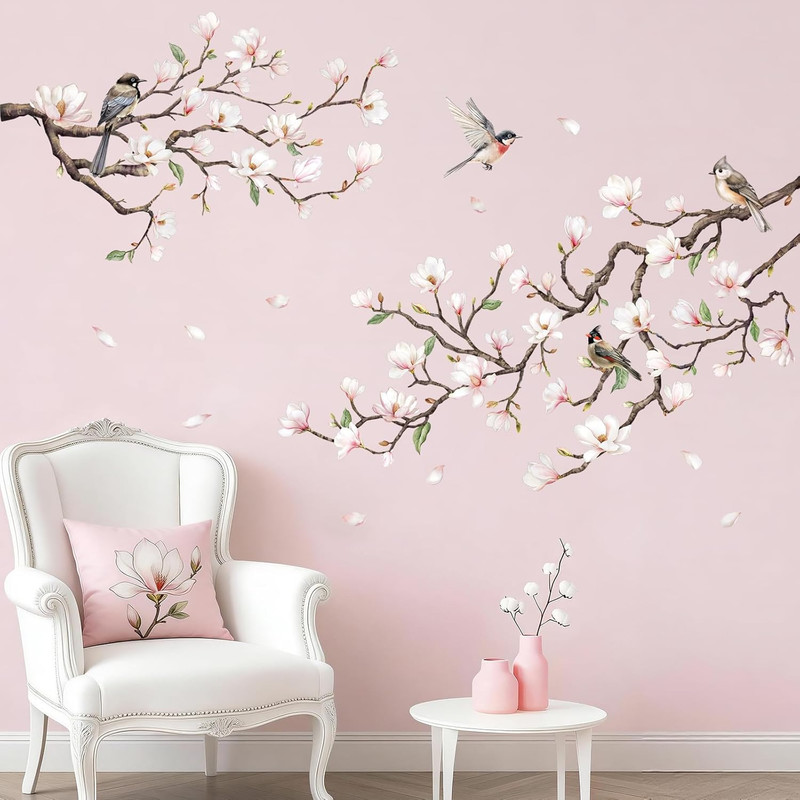 White Magnolia Tree Wall Decals, Trees Flowers Wall Stickers Peel and Stick Whit gallery