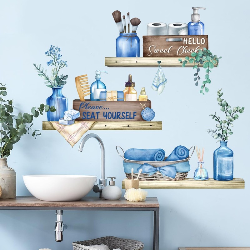 Blue Towel Shelf Wall Decals Cosmetic Brush Organizer Wall Stickers for Bathroom