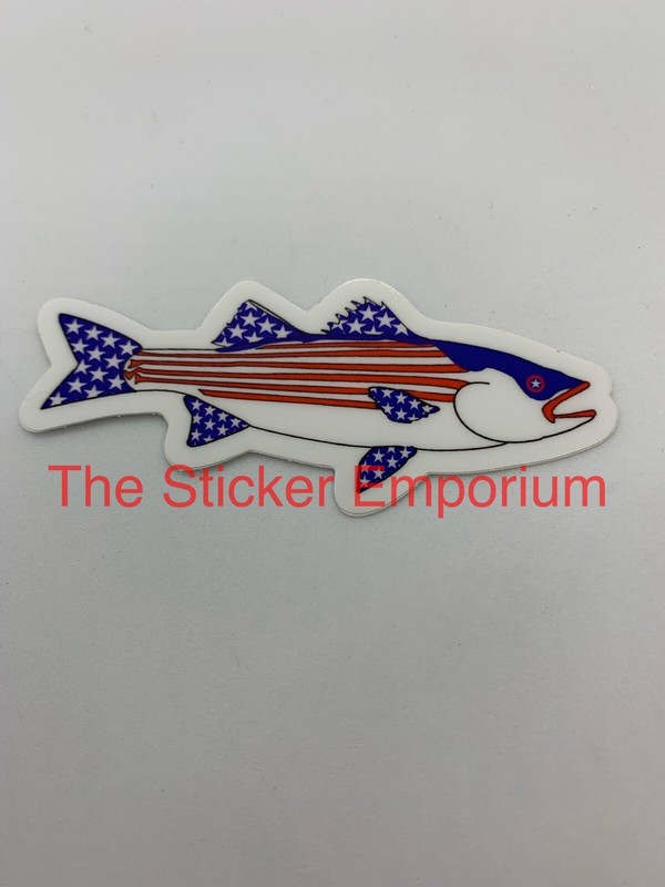 Striped Bass Patriotic Fish Fishing 5” Sticker Ocean Beach Aesthetic Flag Decal