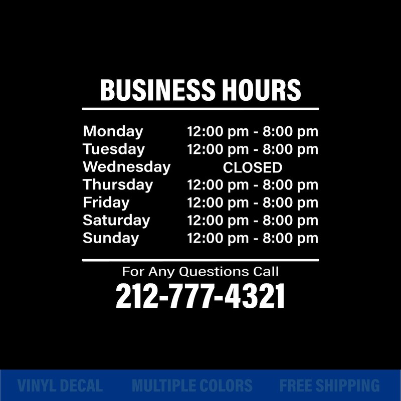 Custom Business Hours Vinyl Decal for Door or Window – Multiple Colors & Sizes