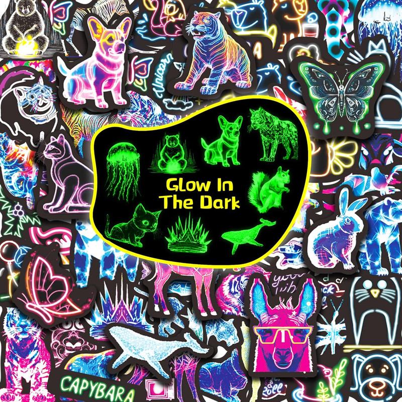 Neon Water Bottle Stickers for Kids Glow in the Dark, 50 PCS Vinyl Waterproof St