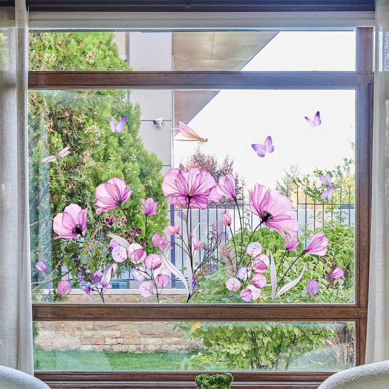 Lightweight Purple Floral Butterfly PVC Static Window Decal 11.81 x 23.62 in gallery