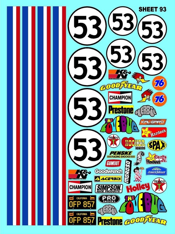 WHITE Vinyl Sticker Sheet 93 LOVEBUG-R/C MODEL Decal fits 1/10-1/16 Scale HERBIE