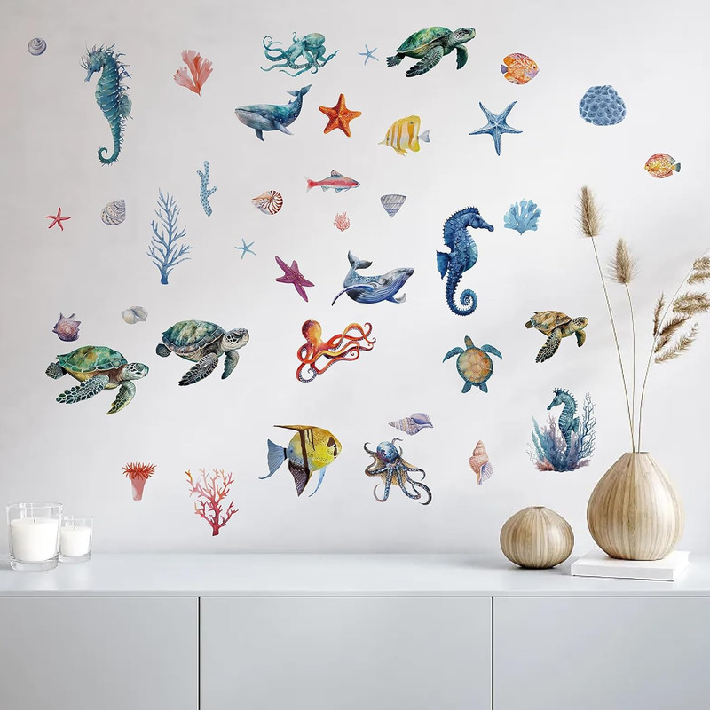 8 Sheets Sea Life Window Decals Stickers Ocean 3D Turtle Seahorse Starfish Coral gallery