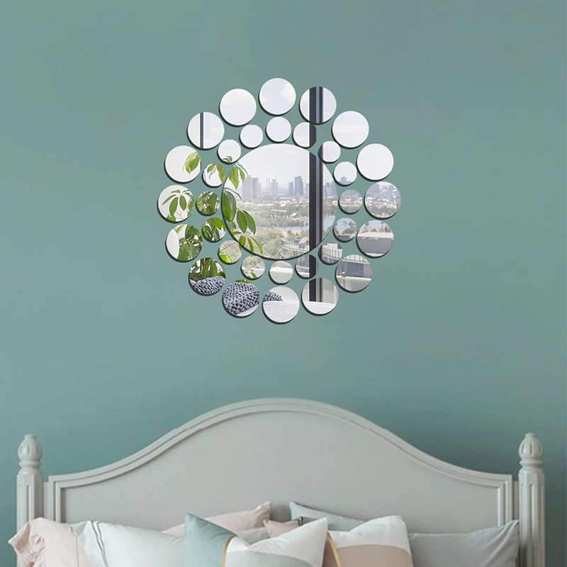 33Pcs/set Round Mirror Wall Stickers Silver Gold Living Room Background Wall gallery