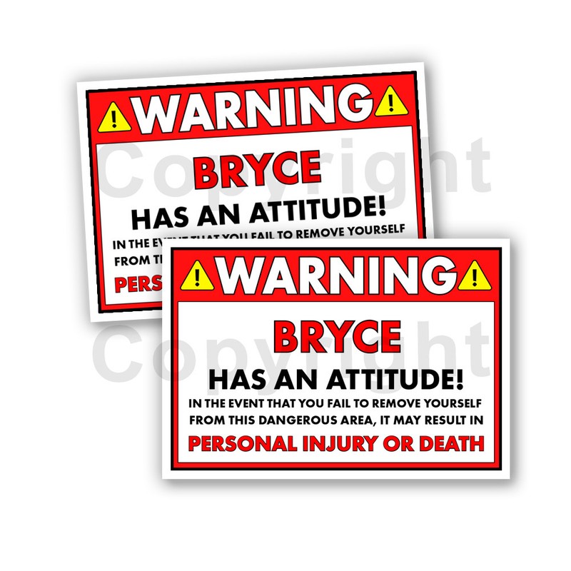 BRYCE HAS AN ATTITUDE 2 Funny Warning Stickers 5inch wide orange Set of 2