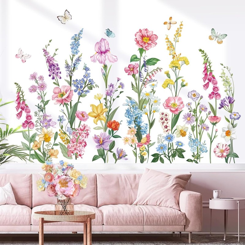 wondever Garden Flower Wall Stickers Wildflower Iris Daisy Floral Butterflies…