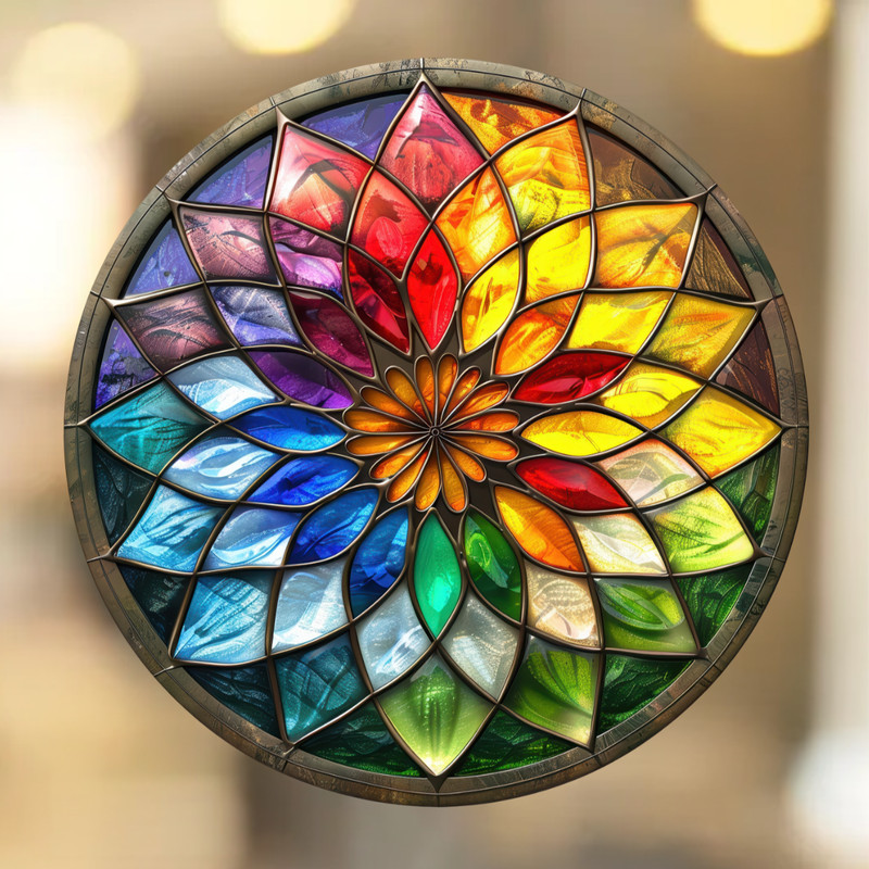 Rainbow Star Flower Faux Stained-Glass WINDOW CLING Size 8″ Round Vinyl