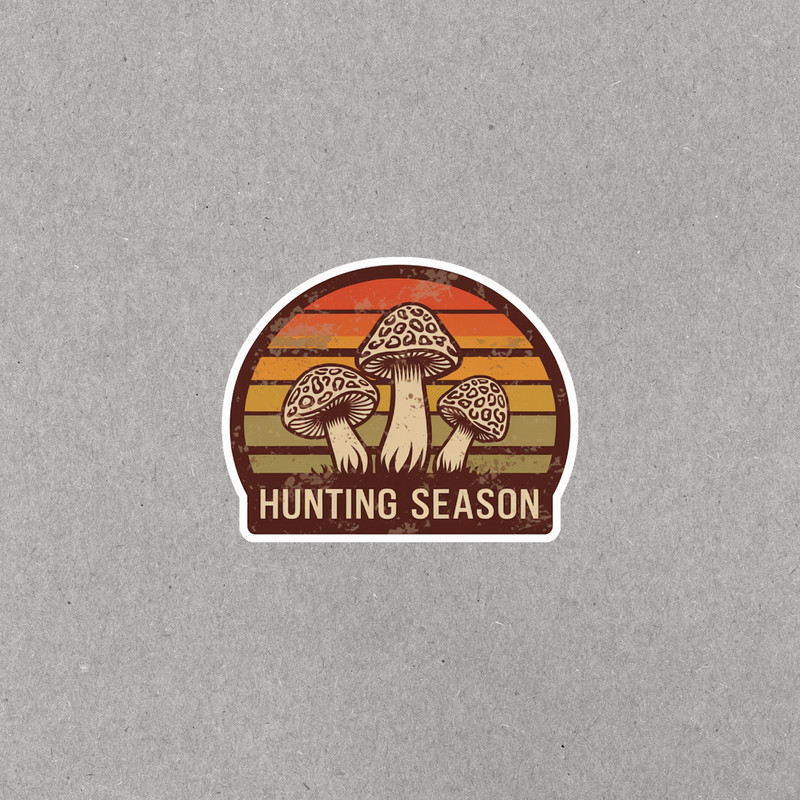Vintage Hunting Season Sticker – Mushroom Inspired Retro Outdoor Adventure Decal