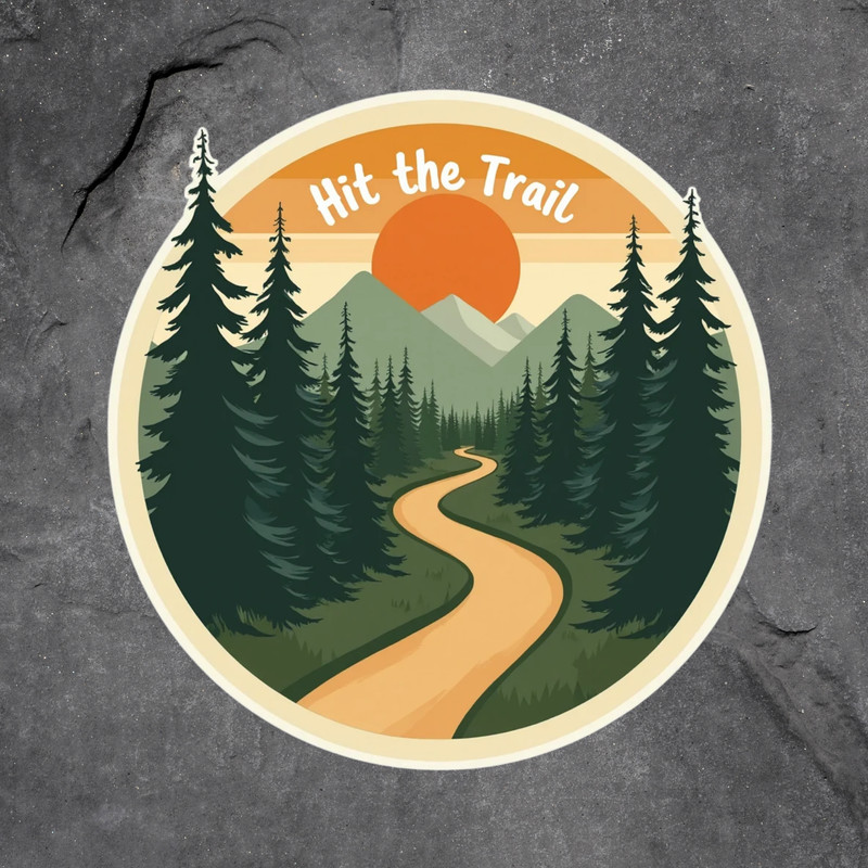 Hiking sticker vinyl decal hit the trail forest path mountains sunrise outdoor