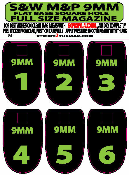 FITS S&W M&P 9MM LIME NUMBER SET 1-6 SQUARE HOLE MAGAZINE BASE PLATE STICKERS